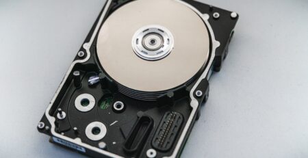 silver and black hard disk drive